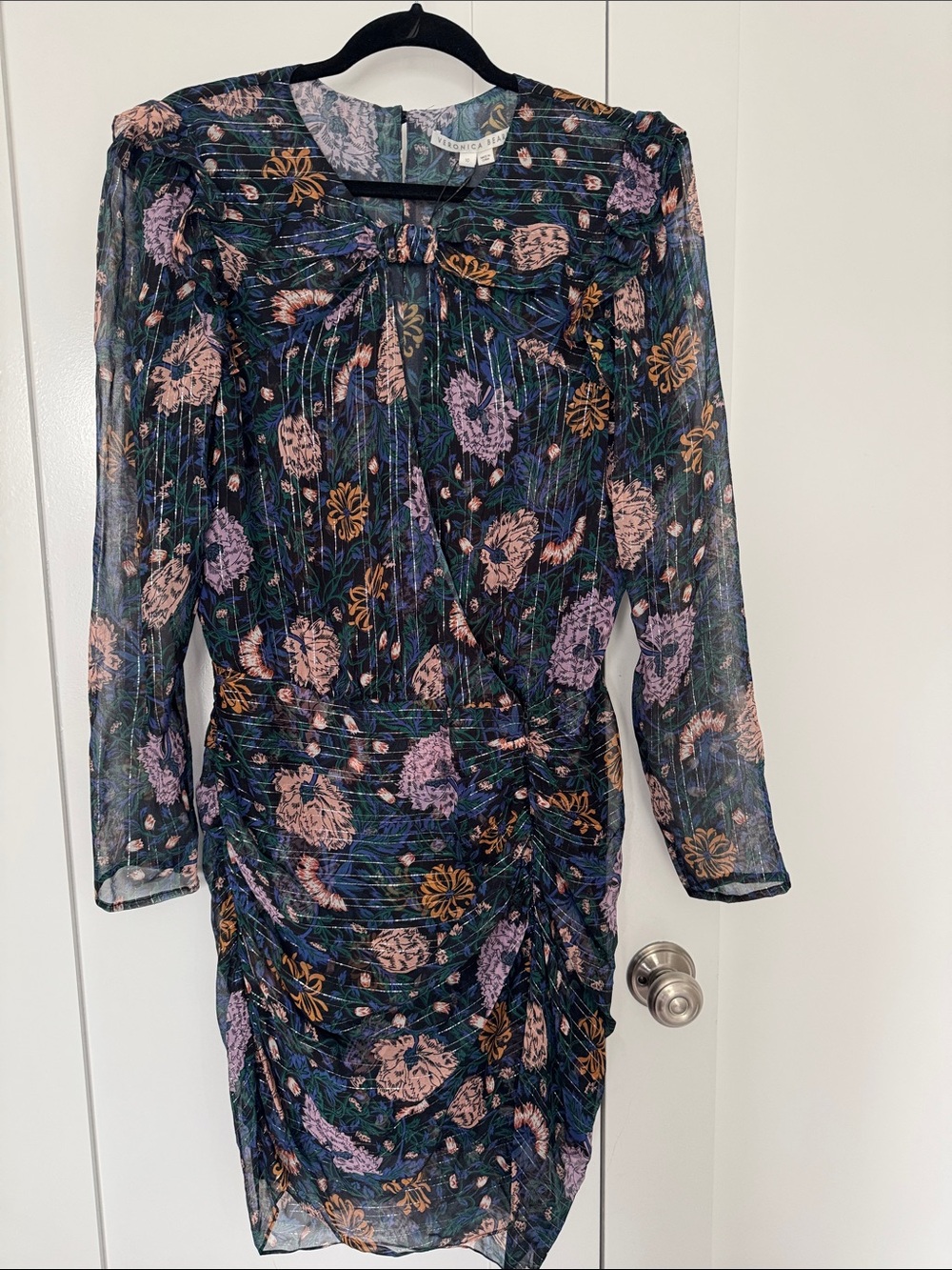 Veronica Beard Black Floral Bow-Front Sheer Long-Sleeve Dress
